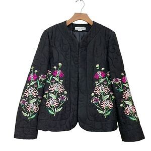 Garfield & Marks Madeline Open Jacket Womens 10 Black Quilted Floral Embroidery